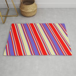 [ Thumbnail: Red, Slate Blue, and Pale Goldenrod Colored Lined/Striped Pattern Rug ]