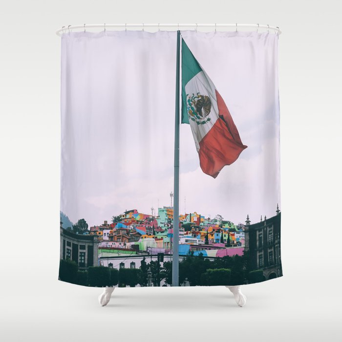 Mexico Photography - The Mexican Flag In Front Of A Colorful City Shower Curtain