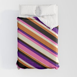 [ Thumbnail: Colorful Indigo, Hot Pink, Beige, Chocolate & Black Colored Lined Pattern Duvet Cover ]