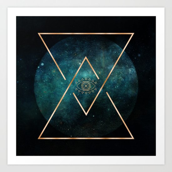 Eye Moon Gold Geometric Tribal Bohemian Mandala Art Print