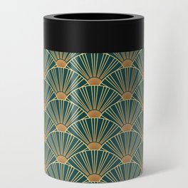 Geometric seamless pattern with golden lines. Green background in art deco style. Can Cooler
