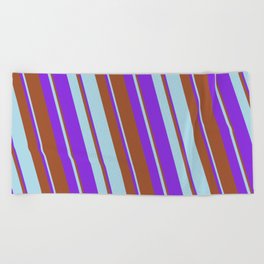 [ Thumbnail: Sienna, Light Blue & Purple Colored Lines/Stripes Pattern Beach Towel ]