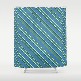 [ Thumbnail: Blue, Tan & Green Colored Striped/Lined Pattern Shower Curtain ]
