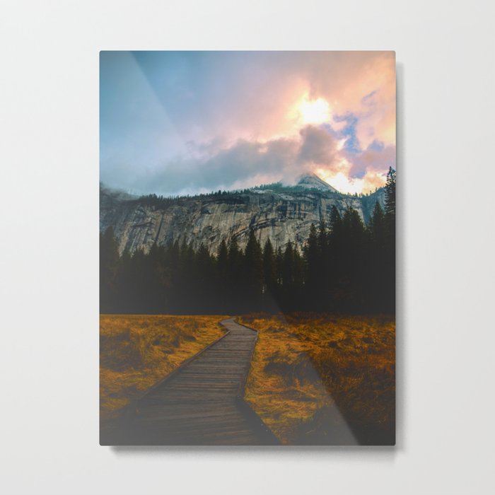 Path leading to Mountain Paradise Mountain Snow Capped Pine trees Tall Grass Sunrise Landscape Metal Print