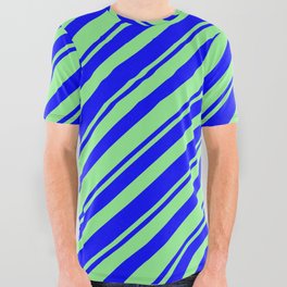 [ Thumbnail: Blue & Light Green Colored Striped Pattern All Over Graphic Tee ]