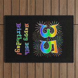 [ Thumbnail: 35th Birthday - Fun Rainbow Spectrum Gradient Pattern Text, Bursting Fireworks Inspired Background Outdoor Rug ]