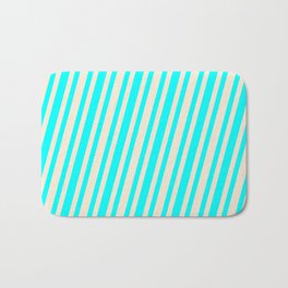 [ Thumbnail: Aqua and Beige Colored Lined/Striped Pattern Bath Mat ]