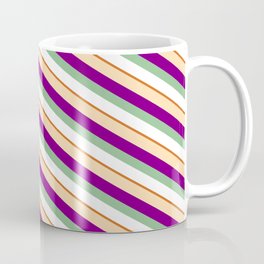 [ Thumbnail: Colorful Tan, Purple, Dark Sea Green, White, and Chocolate Colored Lines/Stripes Pattern Coffee Mug ]
