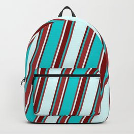 [ Thumbnail: Dark Turquoise, Brown, Light Cyan, and Maroon Colored Lined/Striped Pattern Backpack ]