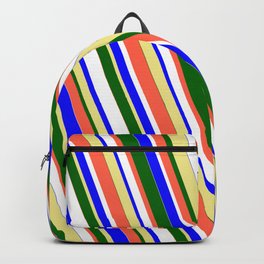 [ Thumbnail: Vibrant Blue, Tan, Dark Green, Red, and White Colored Stripes/Lines Pattern Backpack ]