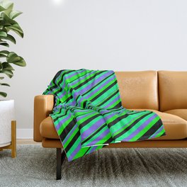 [ Thumbnail: Green, Medium Slate Blue, Lime & Black Colored Stripes/Lines Pattern Throw Blanket ]