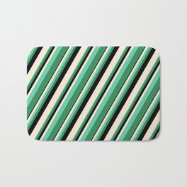[ Thumbnail: Beige, Aquamarine, Sea Green, and Black Colored Lined/Striped Pattern Bath Mat ]