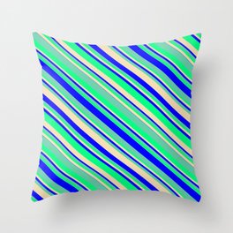[ Thumbnail: Tan, Blue, Aquamarine & Green Colored Lines Pattern Throw Pillow ]