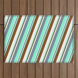 [ Thumbnail: Light Slate Gray, Aquamarine, Brown & Mint Cream Colored Stripes/Lines Pattern Outdoor Rug ]