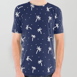 Navy Blue And White Doodle Palm Tree Pattern All Over Graphic Tee