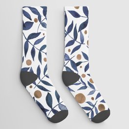 Watercolor berries and branches - indigo and beige Socks