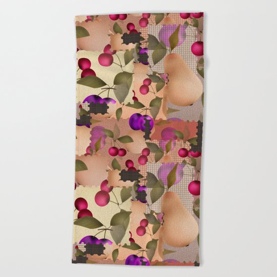 Old scraps of fabric with fruit . Beach Towel