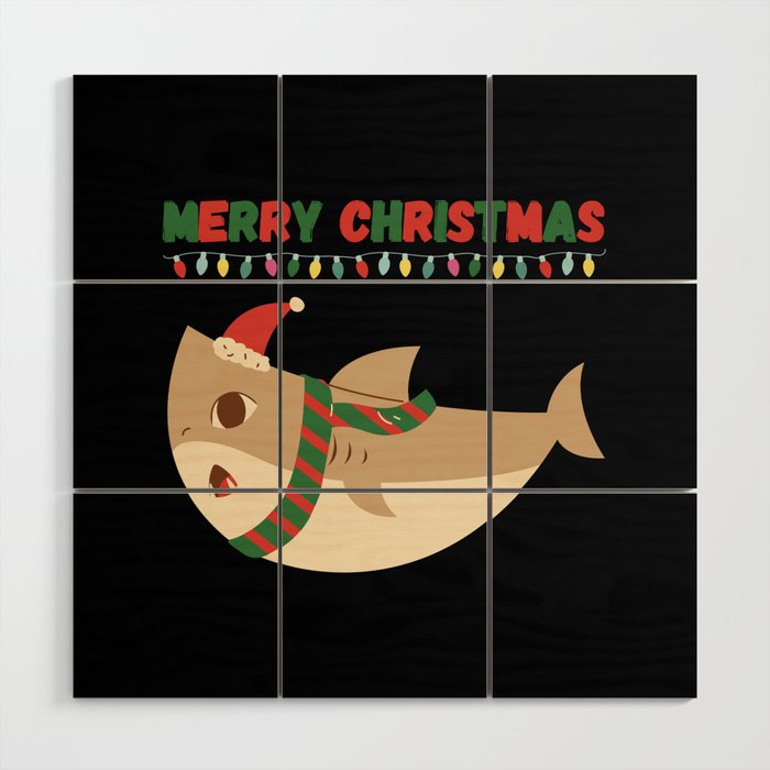 Merry Christmas shark with hat and red and green scarf Wood Wall Art