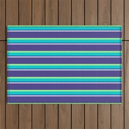 [ Thumbnail: Lavender, Dark Slate Blue, Green, Dark Turquoise & Dark Blue Colored Striped Pattern Outdoor Rug ]