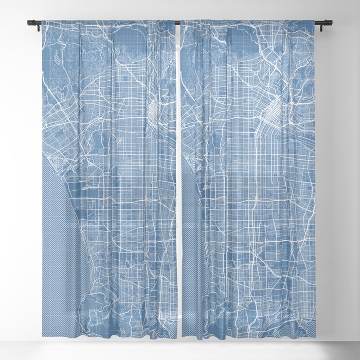 Los Angeles City Map of California, USA - Blueprint Sheer Curtain