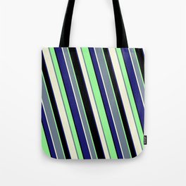 [ Thumbnail: Vibrant Slate Gray, Beige, Midnight Blue, Black, and Green Colored Stripes/Lines Pattern Tote Bag ]