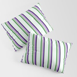 [ Thumbnail: Eye-catching Purple, Grey, Forest Green, Mint Cream, and Black Colored Lined/Striped Pattern Pillow Sham ]