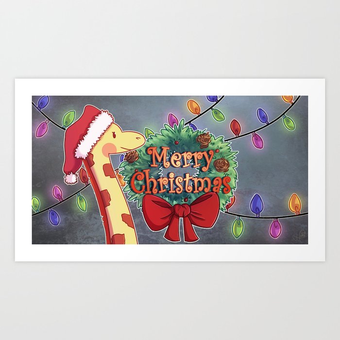 Giraffe Christmas Art Print