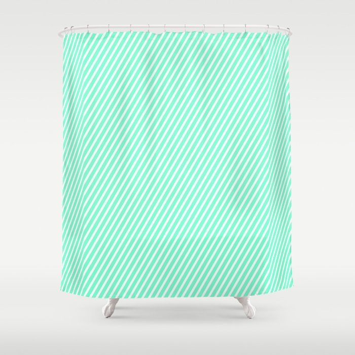 Aquamarine & White Colored Lined/Striped Pattern Shower Curtain