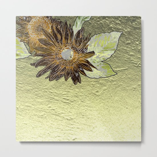 Abstract burnt orange sunflower on golden foil like background Metal Print