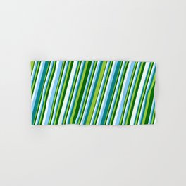 [ Thumbnail: Light Sky Blue, Teal, Green, Dark Green, and Mint Cream Colored Striped Pattern Hand & Bath Towel ]