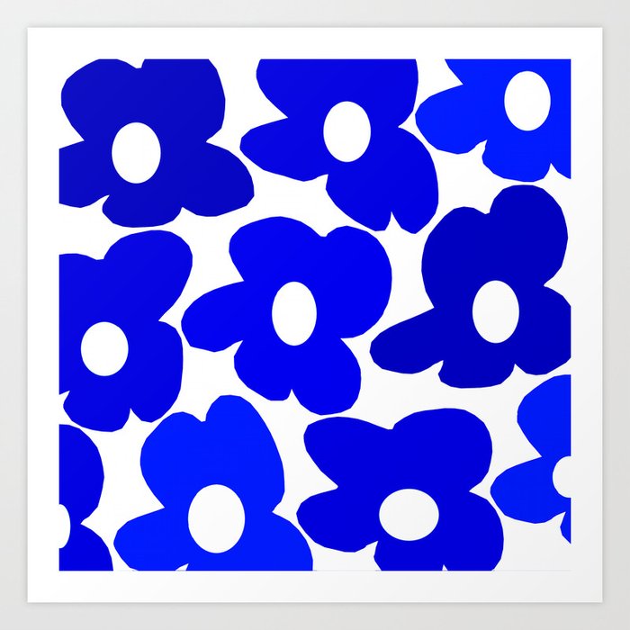 Large Blue Retro Flowers White Background Fresh Blue And White  #decor #society6 #buyart Art Print