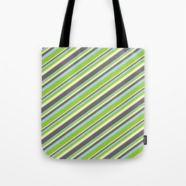 [ Thumbnail: Light Yellow, Dim Gray, Light Blue & Green Colored Lines/Stripes Pattern Tote Bag ]