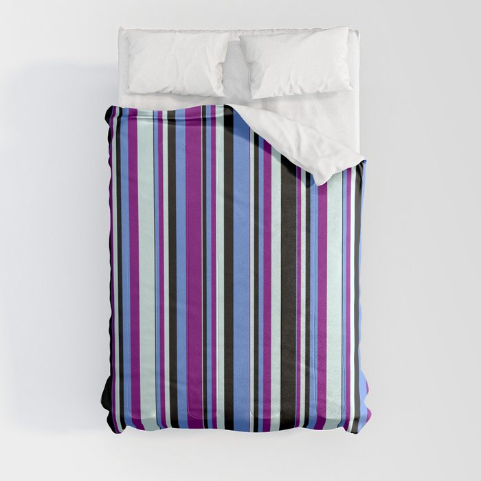 Cornflower Blue, Purple, Light Cyan, and Black Colored Stripes Pattern Comforter