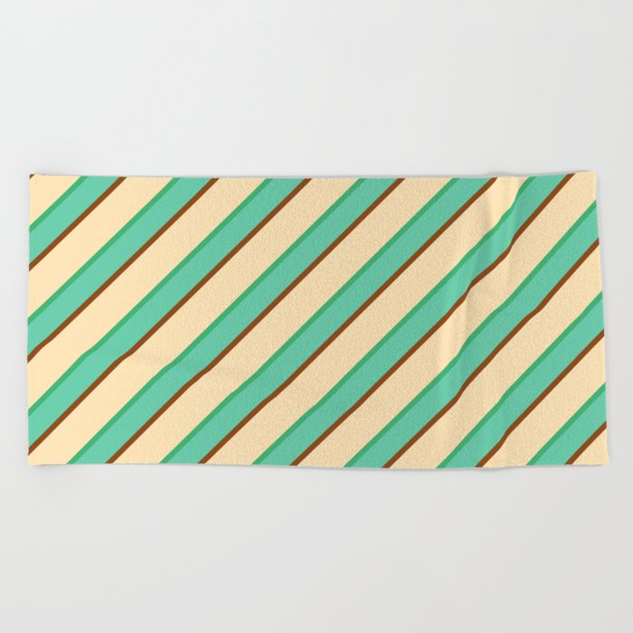Beige, Sea Green, Aquamarine & Brown Colored Lines Pattern Beach Towel