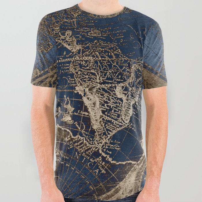 World Map Deep Blue and Gold All Over Graphic Tee