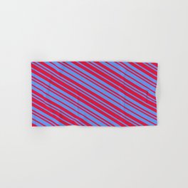 [ Thumbnail: Crimson and Cornflower Blue Colored Lines Pattern Hand & Bath Towel ]