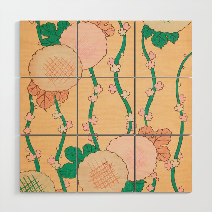 Pink Blossoms Green Vines Floral Print Vintage Japanese Retro Pattern Wood Wall Art