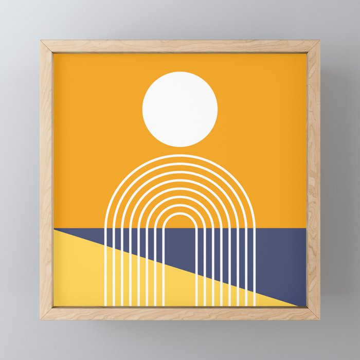 Geometric Lines in Shades of Mustard Yellow Navy Blue (Sun and Rainbow Abstraction) Framed Mini Art Print