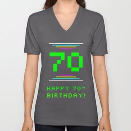 [ Thumbnail: 70th Birthday - Nerdy Geeky Pixelated 8-Bit Computing Graphics Inspired Look V Neck T Shirt V-Neck T-Shirt ]