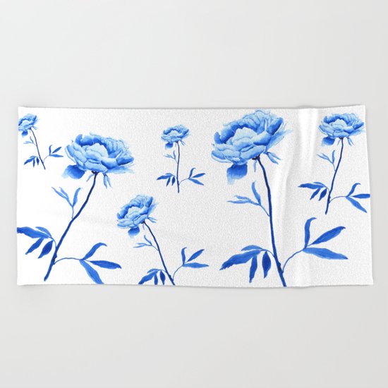 one blue peony painting Beach Towel
