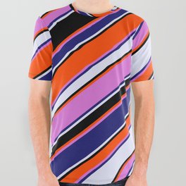[ Thumbnail: Vibrant Red, Orchid, Midnight Blue, Lavender, and Black Colored Lines Pattern All Over Graphic Tee ]