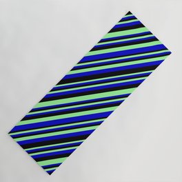 [ Thumbnail: Green, Blue & Black Colored Striped/Lined Pattern Yoga Mat ]