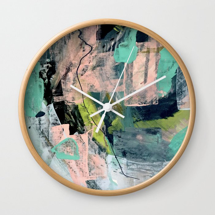 Connect [4] : a vibrant acrylic abstract in neon green, blues, pinks, & hints of orange Wall Clock