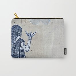Street Art - Girl with Paper Plane Carry-All Pouch | Bookshelves, Reading, Travel, Books, Imagination, Peeling Paint, Painting, Library, Girl, Street Art 