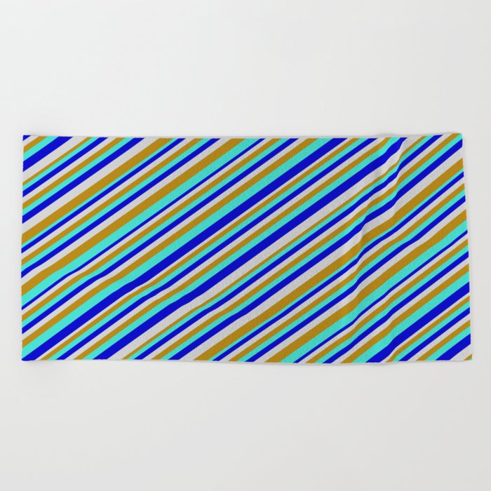 Turquoise, Blue, Light Gray & Dark Goldenrod Colored Pattern of Stripes Beach Towel