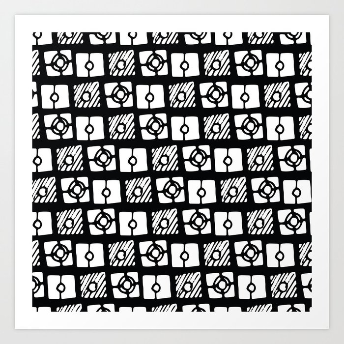 Black White Abstract Hand Painted Geometrical Pattern Art Print By