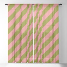 [ Thumbnail: Light Coral and Green Colored Striped/Lined Pattern Sheer Curtain ]