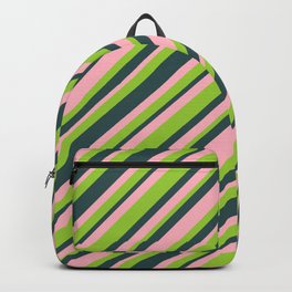 [ Thumbnail: Light Pink, Green & Dark Slate Gray Colored Striped/Lined Pattern Backpack ]