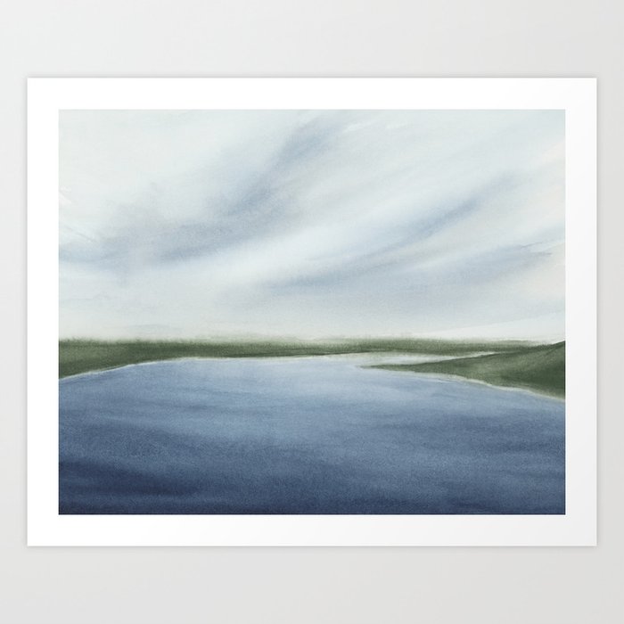 Lake Travis - Blue and Green Wall Art, Nature Watercolor Painting, Lake Home Décor Art Print