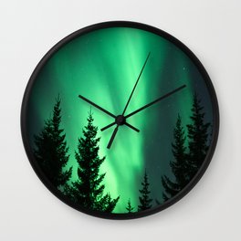 Northern Lights in the Woods Photo | Aurora Borealis in Norway Nature Art Print | Colorful Night Travel Photography Wall Clock | Travel, Pine, Photo, Borealis, Tree, Night, Europe, Nature, Light, Aurora 